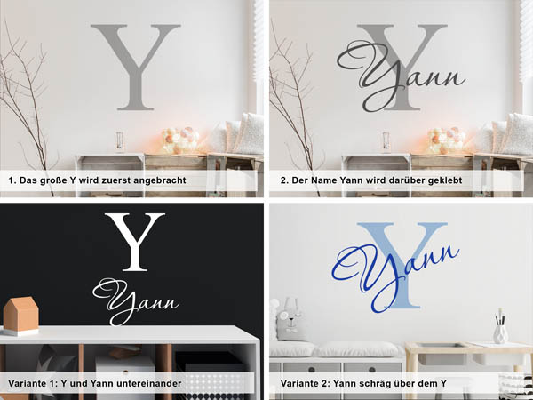 Verschiedene Anordnungen des Wandtattoos Yann