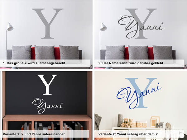 Verschiedene Anordnungen des Wandtattoos Yanni