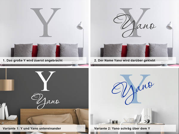 Verschiedene Anordnungen des Wandtattoos Yano