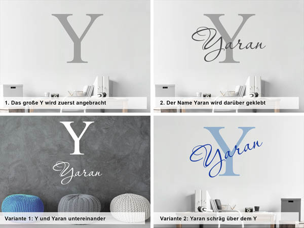 Verschiedene Anordnungen des Wandtattoos Yaran