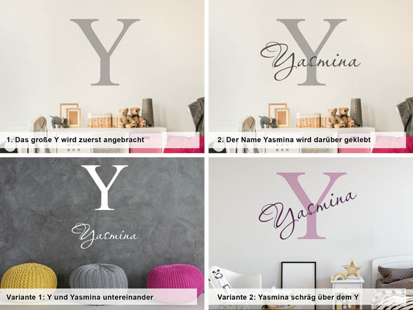 Verschiedene Anordnungen des Wandtattoos Yasmina
