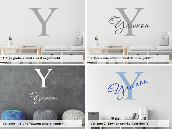 Verschiedene Anordnungen des Wandtattoos Yawnon
