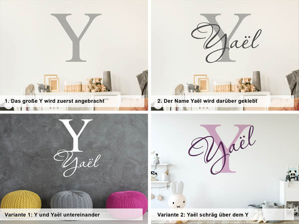 Verschiedene Anordnungen des Wandtattoos Yaël