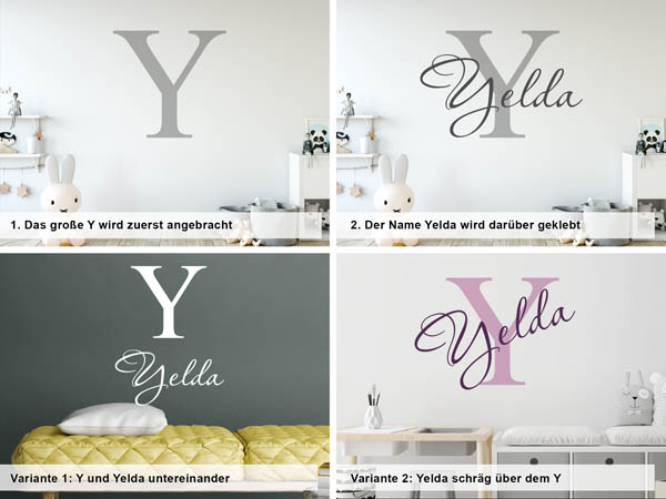 Verschiedene Anordnungen des Wandtattoos Yelda