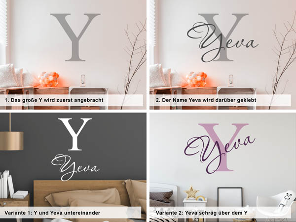 Verschiedene Anordnungen des Wandtattoos Yeva