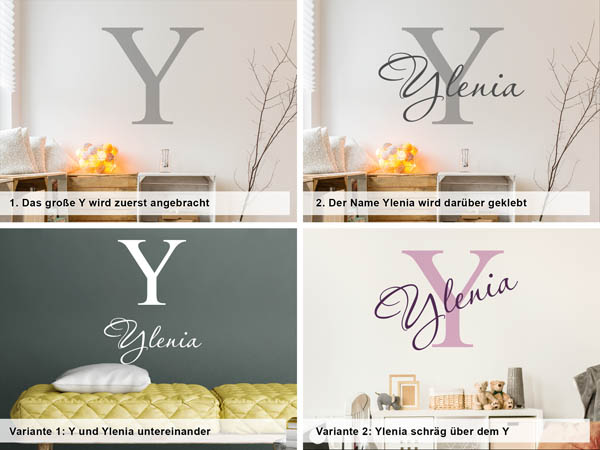 Verschiedene Anordnungen des Wandtattoos Ylenia