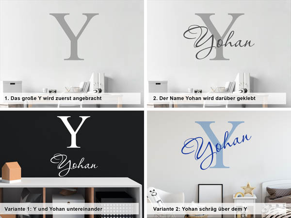 Verschiedene Anordnungen des Wandtattoos Yohan