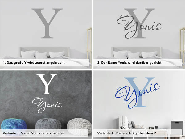 Verschiedene Anordnungen des Wandtattoos Yonis