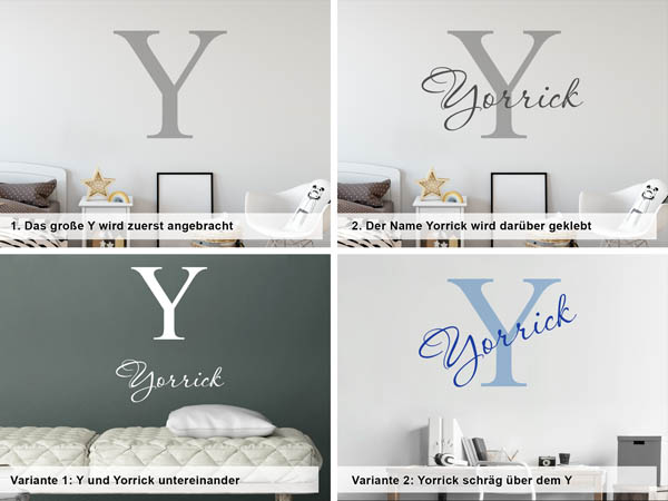 Verschiedene Anordnungen des Wandtattoos Yorrick