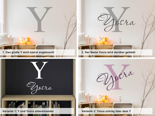 Verschiedene Anordnungen des Wandtattoos Yosra