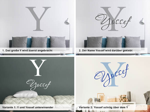 Verschiedene Anordnungen des Wandtattoos Yossef