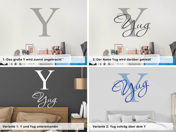 Verschiedene Anordnungen des Wandtattoos Yug