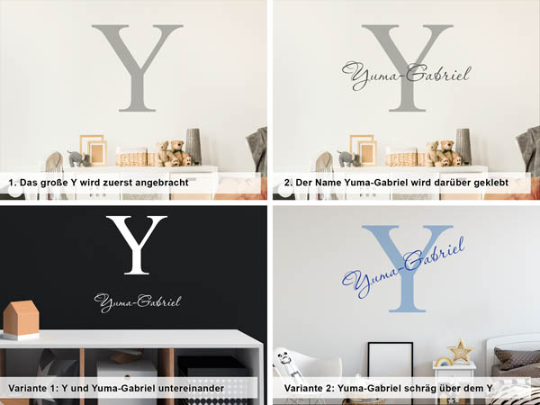 Verschiedene Anordnungen des Wandtattoos Yuma-Gabriel