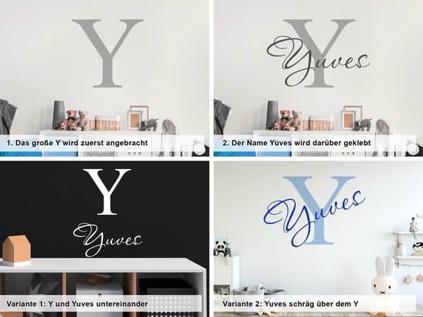 Verschiedene Anordnungen des Wandtattoos Yuves