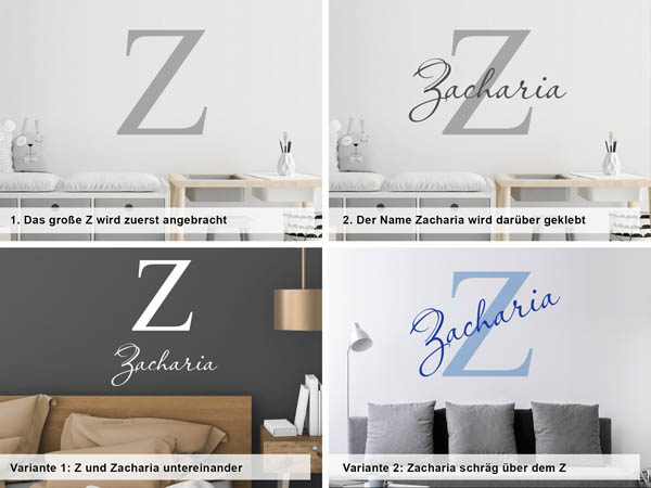 Verschiedene Anordnungen des Wandtattoos Zacharia