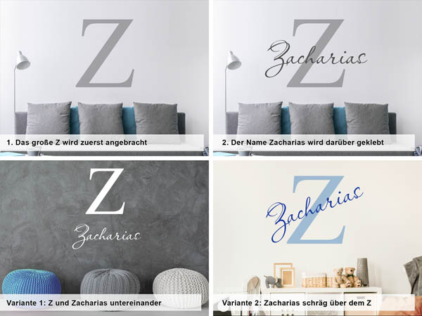 Verschiedene Anordnungen des Wandtattoos Zacharias