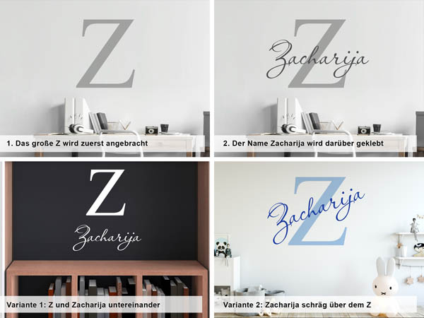 Verschiedene Anordnungen des Wandtattoos Zacharija