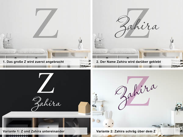 Verschiedene Anordnungen des Wandtattoos Zahira