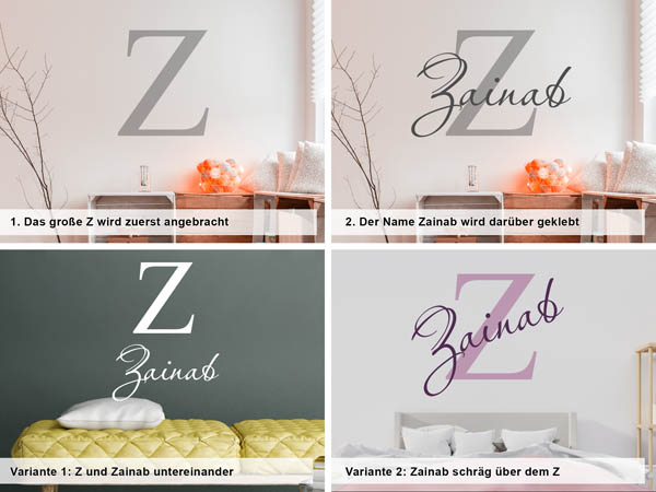 Verschiedene Anordnungen des Wandtattoos Zainab