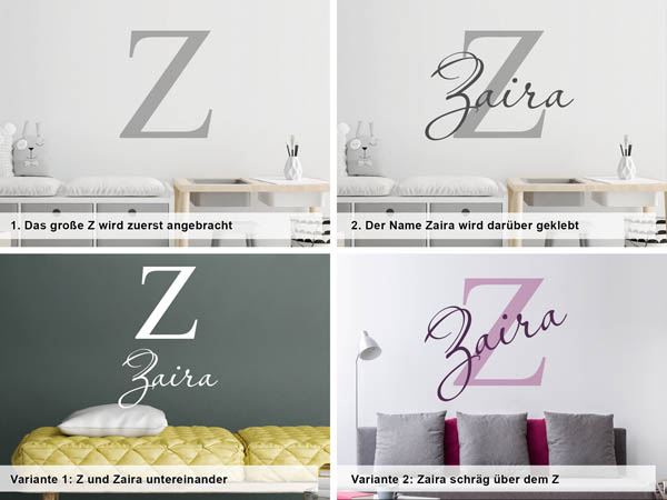 Verschiedene Anordnungen des Wandtattoos Zaira