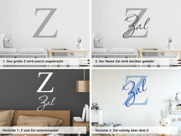 Verschiedene Anordnungen des Wandtattoos Zal