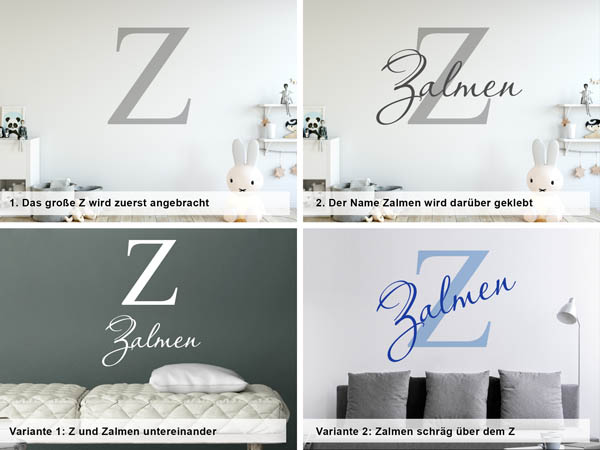 Verschiedene Anordnungen des Wandtattoos Zalmen