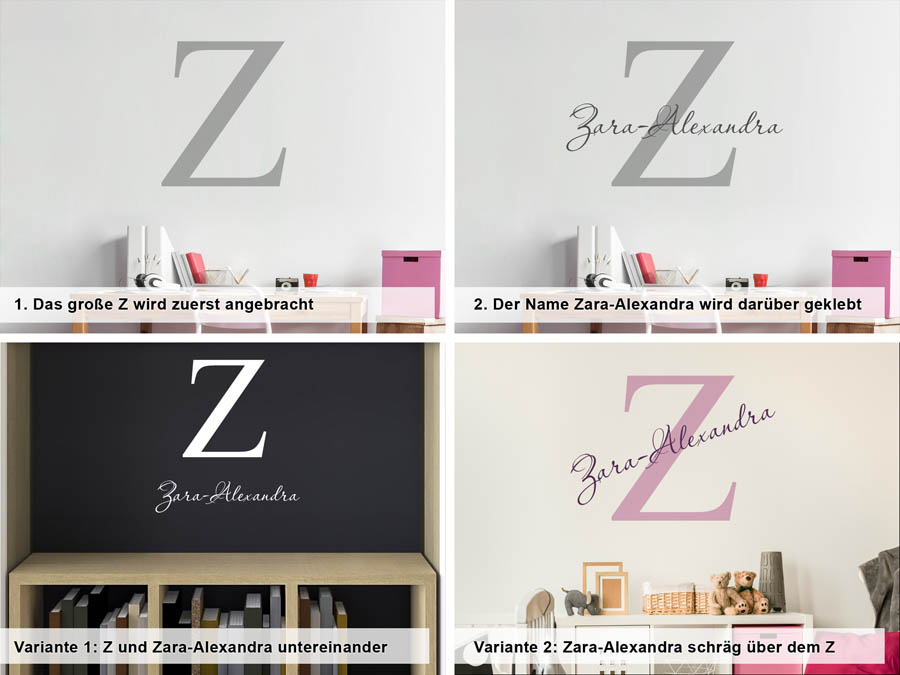 Verschiedene Anordnungen des Wandtattoos Zara-Alexandra