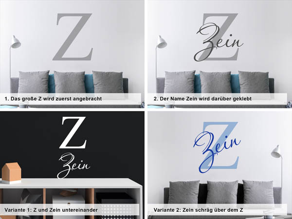 Verschiedene Anordnungen des Wandtattoos Zein