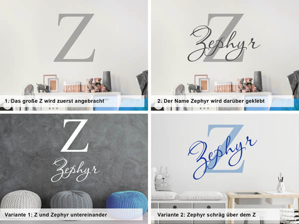 Verschiedene Anordnungen des Wandtattoos Zephyr