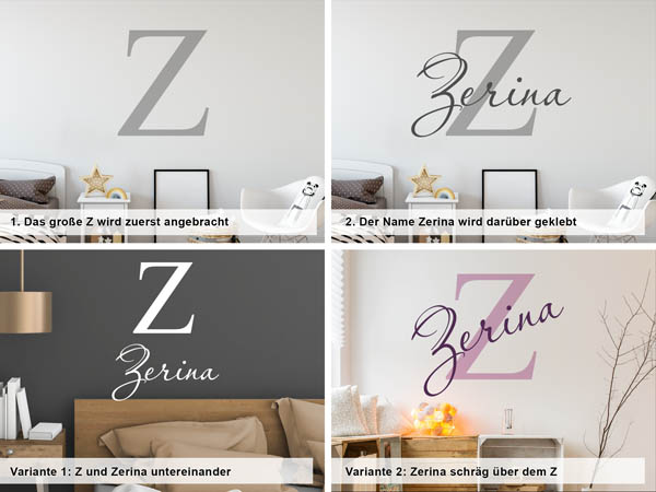 Verschiedene Anordnungen des Wandtattoos Zerina