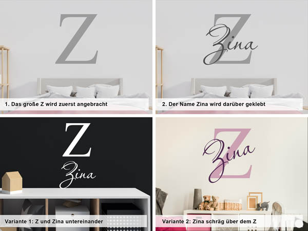 Verschiedene Anordnungen des Wandtattoos Zina