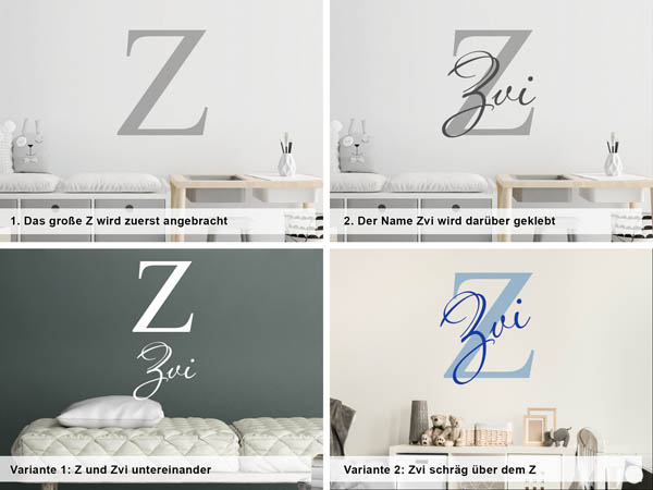 Verschiedene Anordnungen des Wandtattoos Zvi