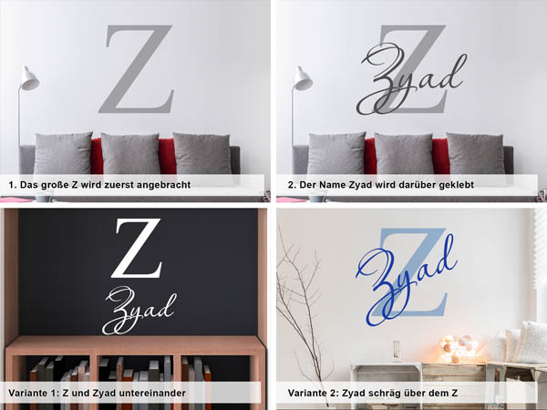 Verschiedene Anordnungen des Wandtattoos Zyad