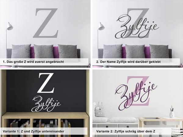 Verschiedene Anordnungen des Wandtattoos Zylfije