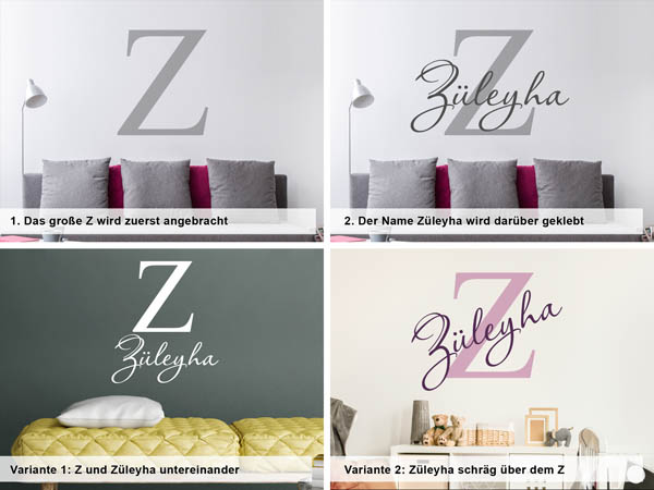 Verschiedene Anordnungen des Wandtattoos Züleyha