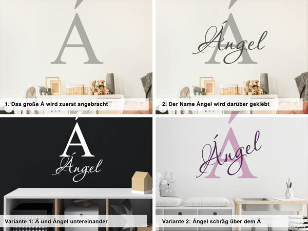 Verschiedene Anordnungen des Wandtattoos Ángel