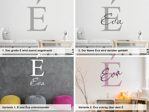 Verschiedene Anordnungen des Wandtattoos Éva