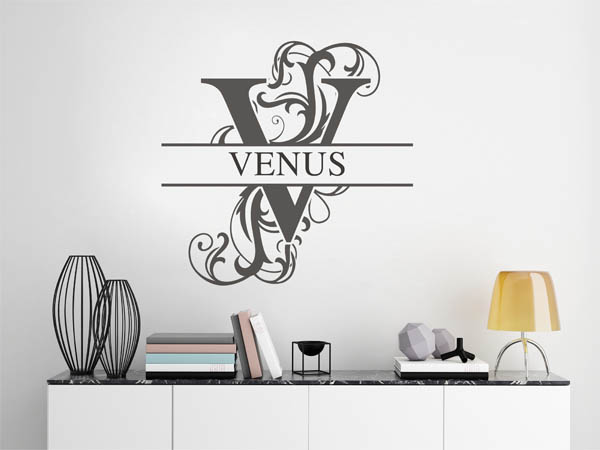 Wandtattoo verschnörkelter Buchstabe V mit Venus